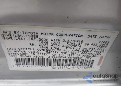 2001 Toyota Rav4 from USA, damaged, VIN JTEHH20V410048052